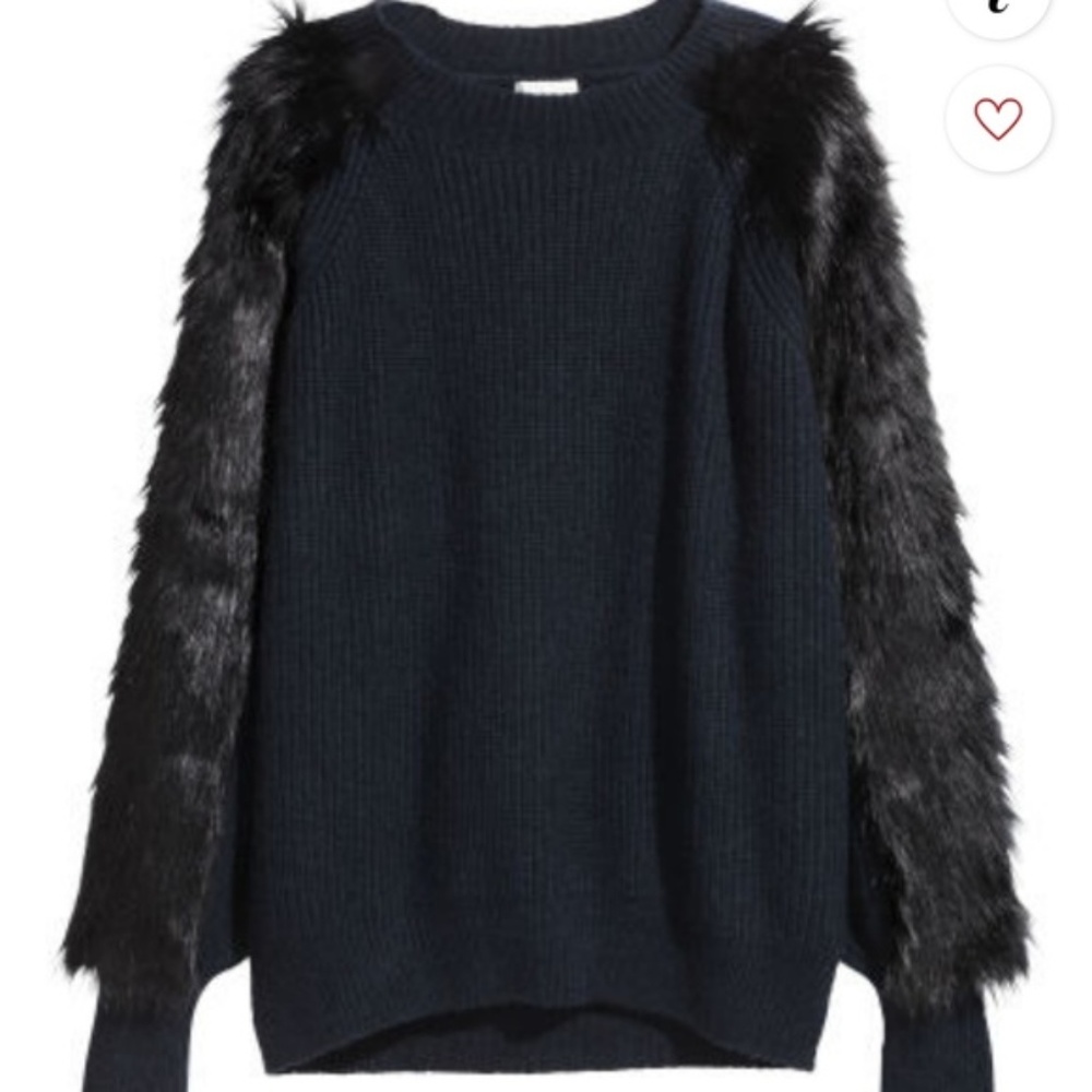 Navy Sweater with Faux Fur Sleeves